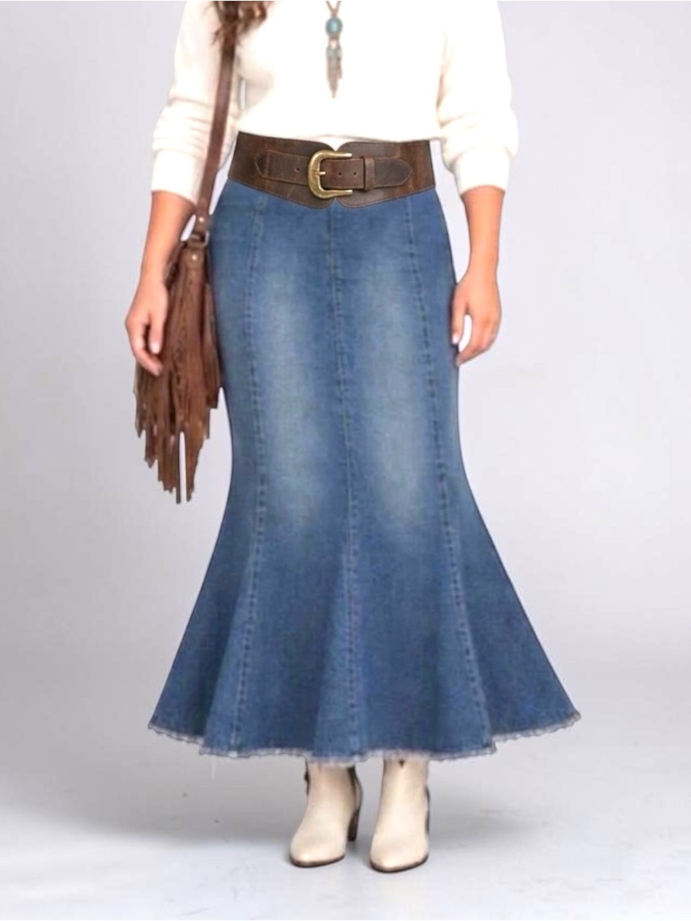 Boston Proper Denim Mermaid Midi Skirt Size 16 Blue Raw Hem